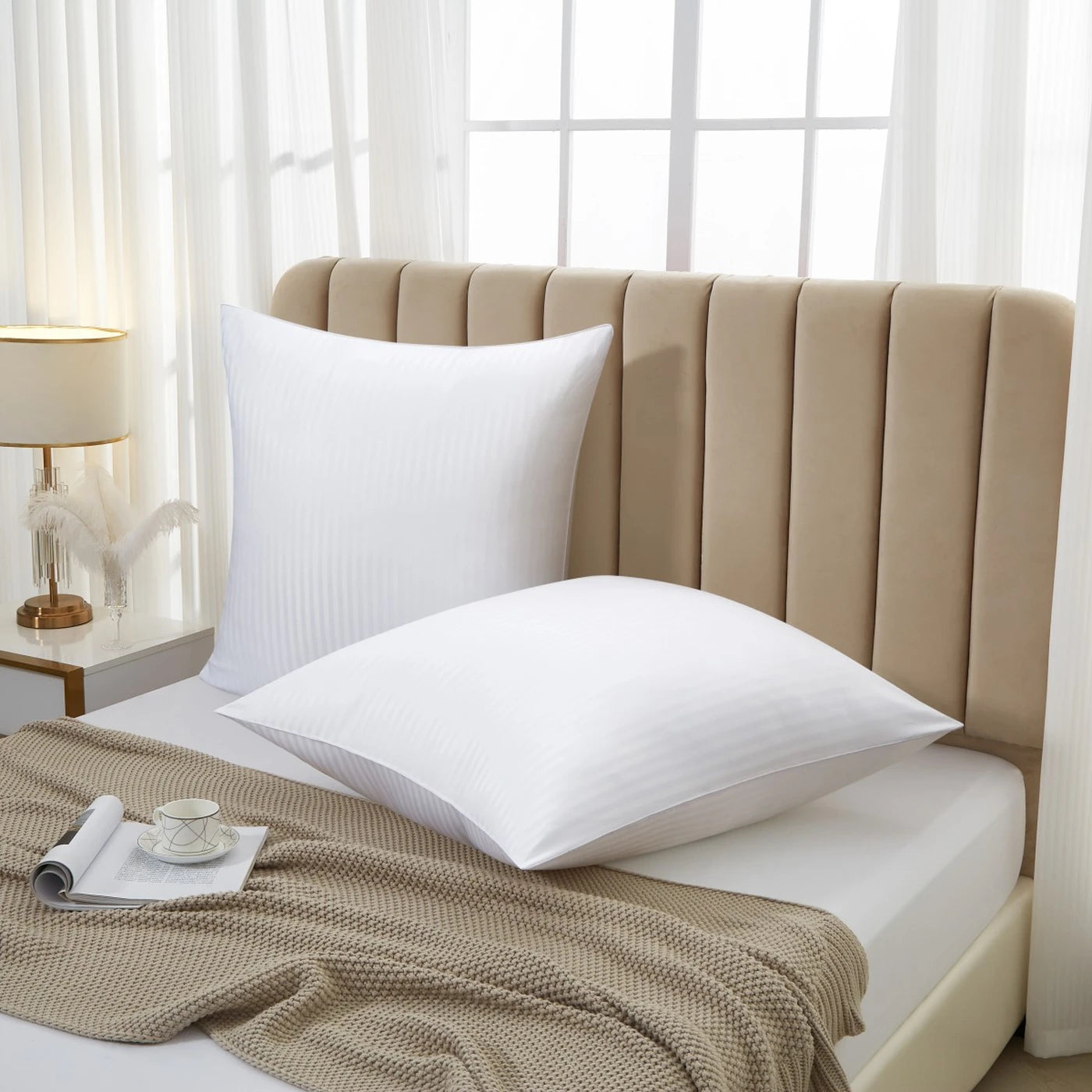 Meeallhome Lot de 2 Oreillers en Microfibre Respirante avec Garnissage Synthétique Imitation Duvet à Rayures Satinées 65x65cm Blanc