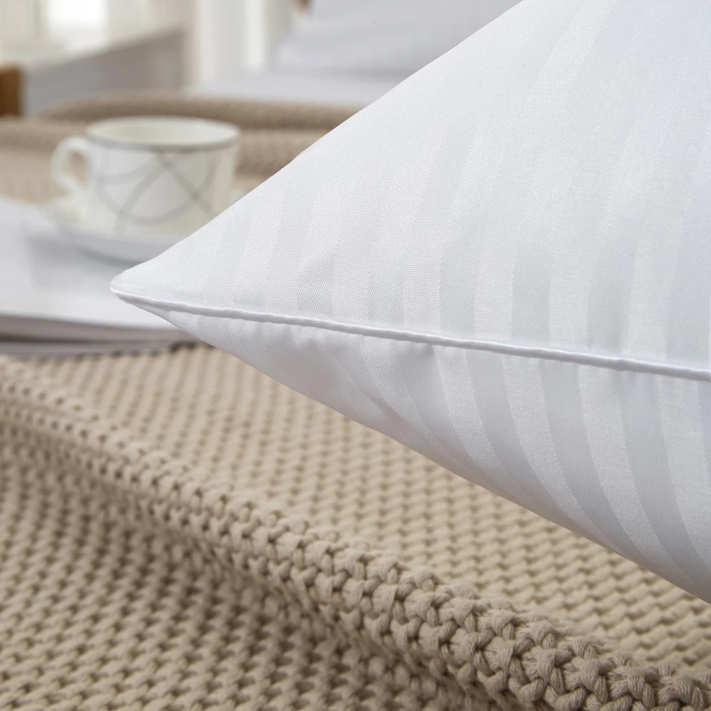 Meeallhome Lot de 2 Oreillers en Microfibre Respirante avec Garnissage Synthétique Imitation Duvet à Rayures Satinées 65x65cm Blanc